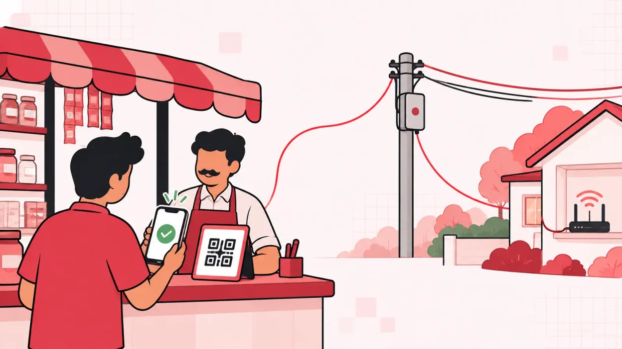 Flat illustration of a local broadband shop collecting a digital payment connected to a fibre pole and customer home.
