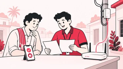 Line illustration of a broadband operator checking identity and address documents beside a fibre connection.