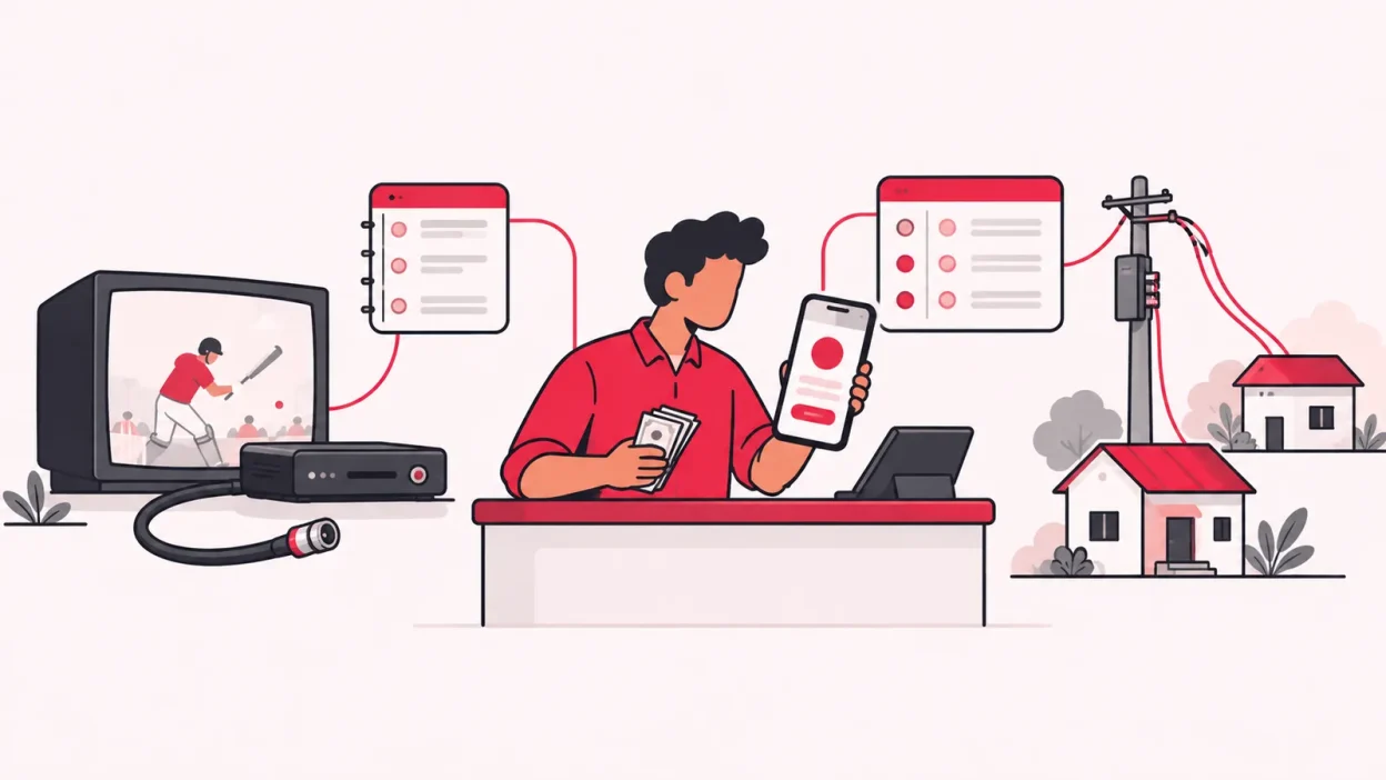 A clean line illustration shows a local operator comparing a cable TV collection register with a broadband recharge phone and fibre connection.