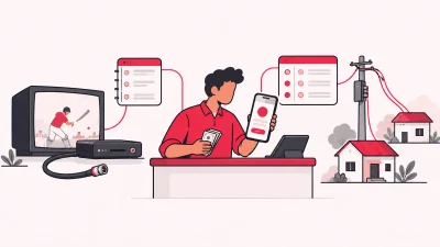 A clean line illustration shows a local operator comparing a cable TV collection register with a broadband recharge phone and fibre connection.