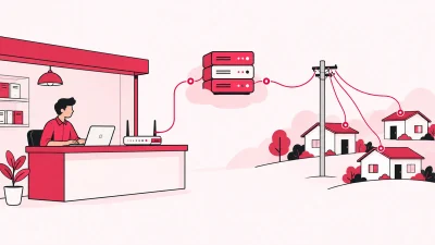 A broadband shop, server stack and fibre pole connected by red network lines.