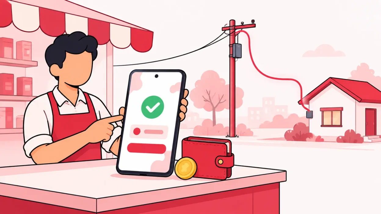 Illustration of a local broadband operator using a phone to manage customer online recharges beside a fibre connection and home.