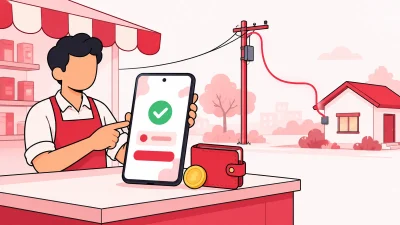 Illustration of a local broadband operator using a phone to manage customer online recharges beside a fibre connection and home.