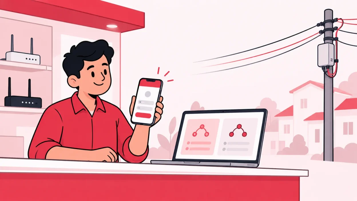 An Indian broadband operator uses a phone and laptop beside a fibre pole in a red and pink shop-counter illustration.
