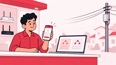 An Indian broadband operator uses a phone and laptop beside a fibre pole in a red and pink shop-counter illustration.