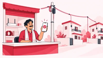 An Indian broadband operator at a local shop connects a fibre pole to nearby homes while checking a recharge on a phone.