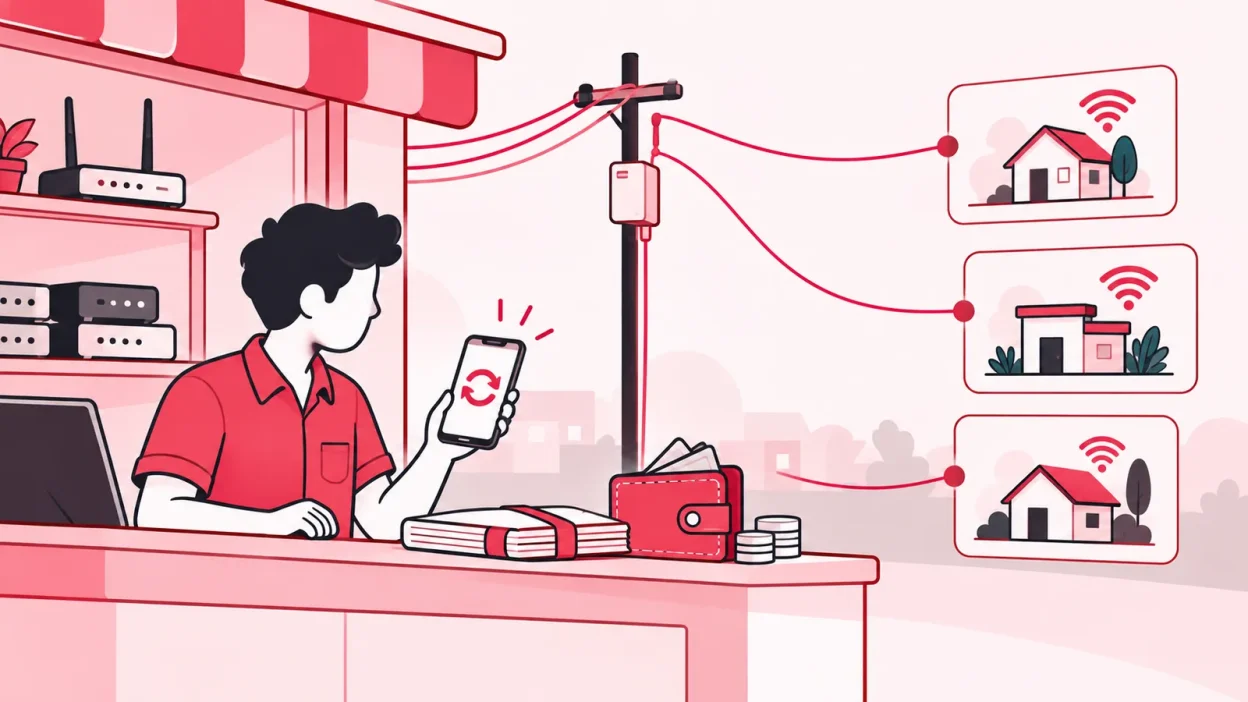 A broadband reseller shop connects customer homes, a recharge phone and partner wallets through one simple workflow.
