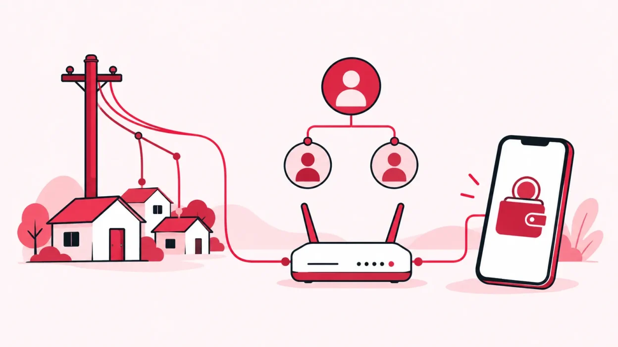 A red broadband tower, router, wallet and smartphone represent software for managing a local ISP reseller business.