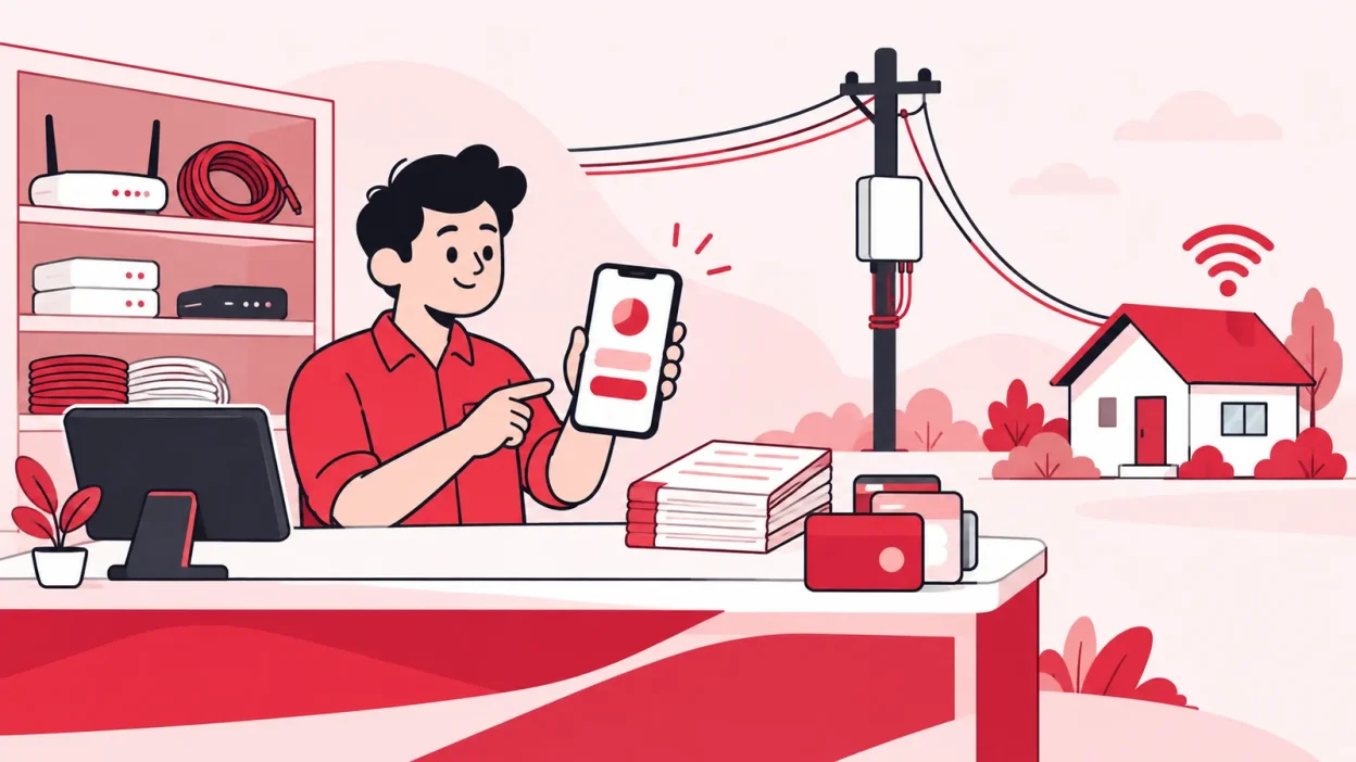 Flat illustration of an Indian broadband shop connecting customers, a fibre pole and an online recharge phone.