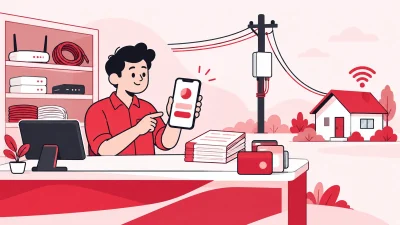 Flat illustration of an Indian broadband shop connecting customers, a fibre pole and an online recharge phone.