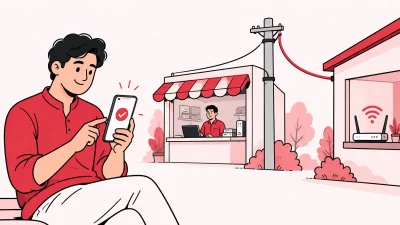 Illustration of a broadband customer using a phone to recharge near a local internet shop, fibre pole and home router.