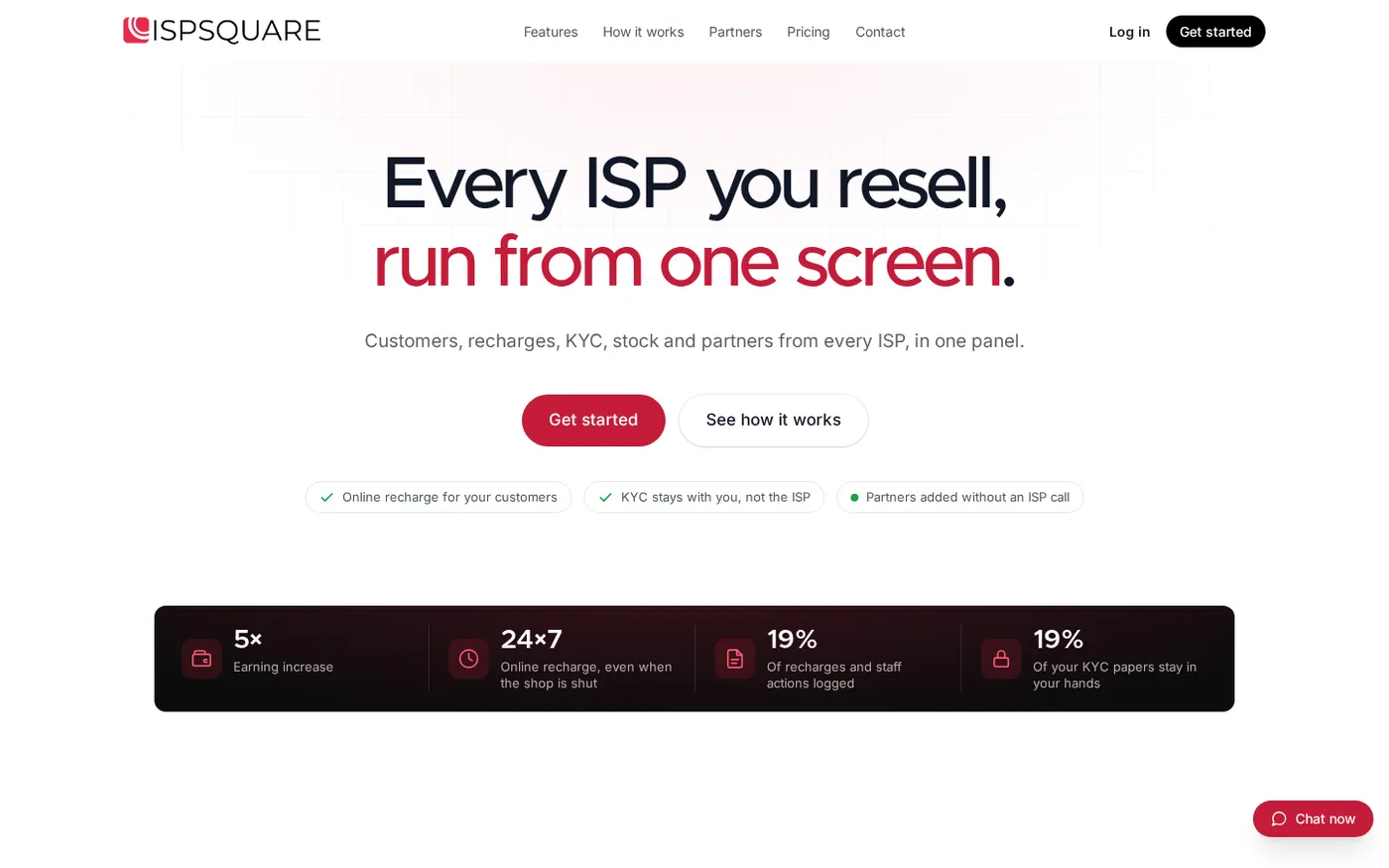 ISP Square presents customers, recharges, KYC, stock and partners from one screen.