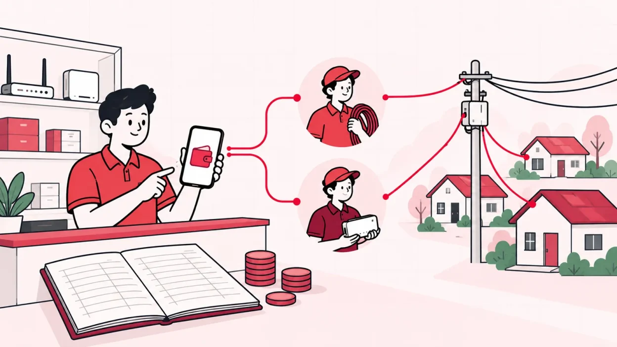 Line illustration of a broadband reseller wallet linking a shop, partner, and recharge phone.
