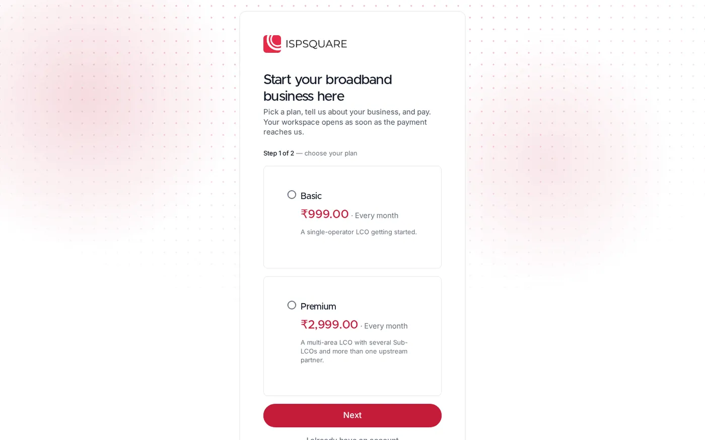 The public ISP Square signup page is the first step for choosing a plan before starting the workspace.