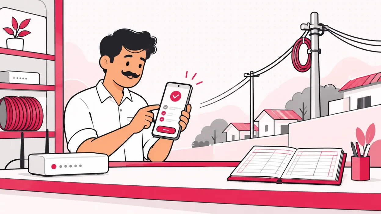 A local broadband operator checks a recharge workflow on a phone beside a fibre pole and customer ledger.